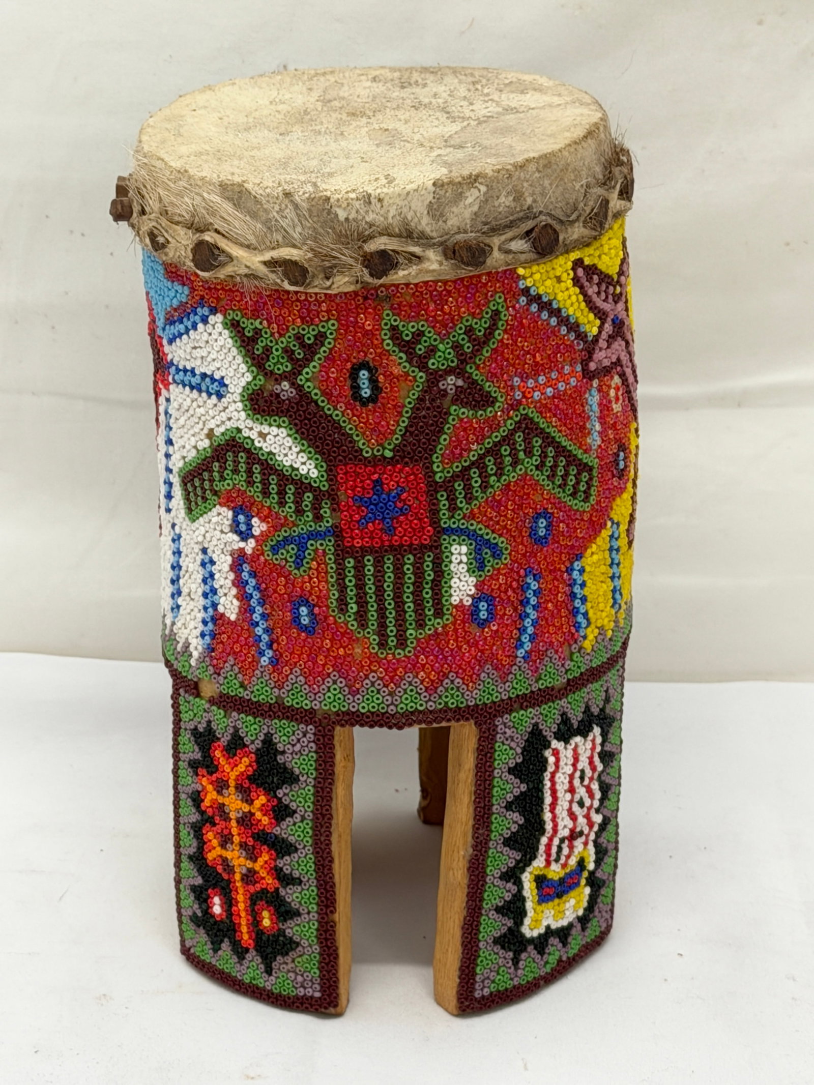 Vintage Huichol Mexican Folk Art Drum 4.5" x 8.25" (1 of 5)