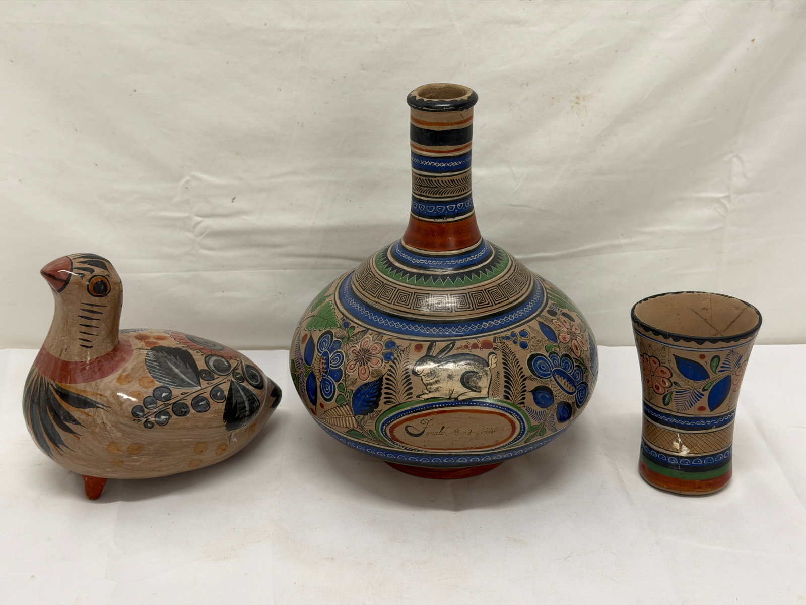 Vintage Ladislao Ortega(1880-1951) Decanter / Jug & Cup, Tonola Folk Art Bird (1 of 15)