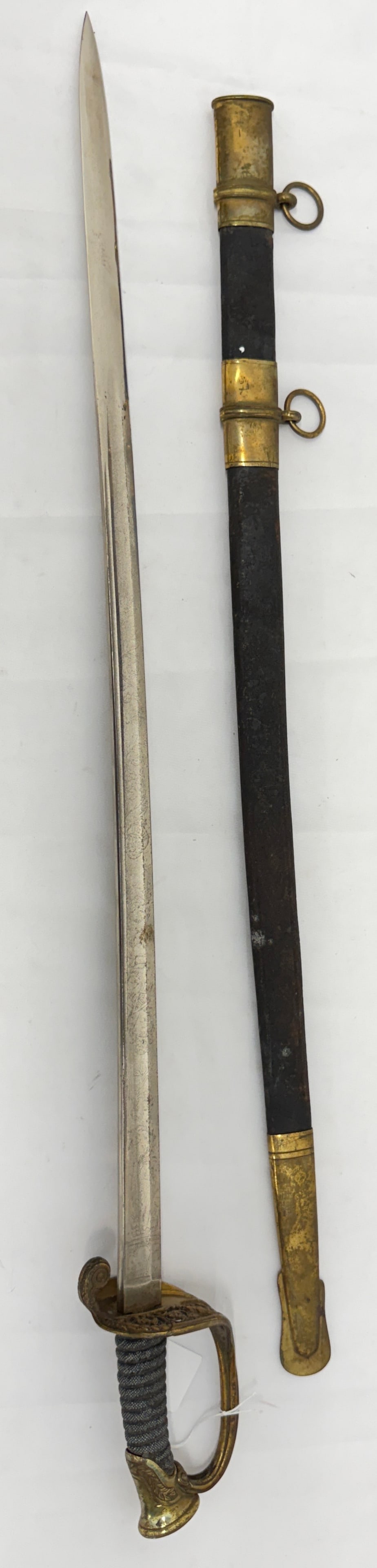 19thC Civil War Era P.D.L. Lunescholss Solingen Sword -: Marked 'P.D.L.' for Peter Daniel Lunescholss , Sword has Brass D Guard with Shagreen Grip, Engraved Blade, Manufactured Solingen Germany - With Original Scabbard