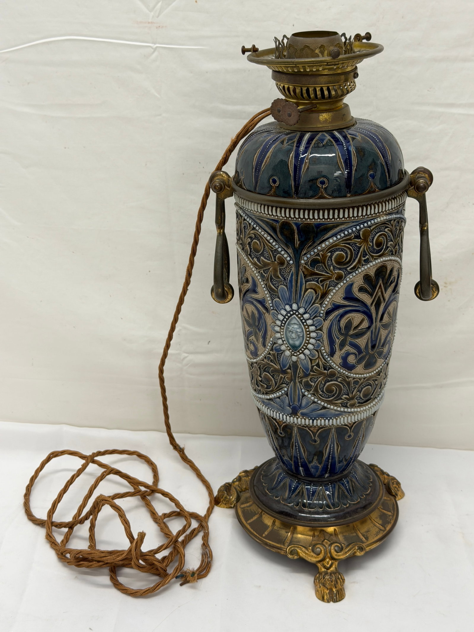 19thC Doulton Lambeth Art Stoneware Oil Lamp 19.5"T - Converted to Electric: Late 19thC Victorian Aesthetic Movement Pottery from England - Gilt Bronze / Brass Hardware - Converted to Electric