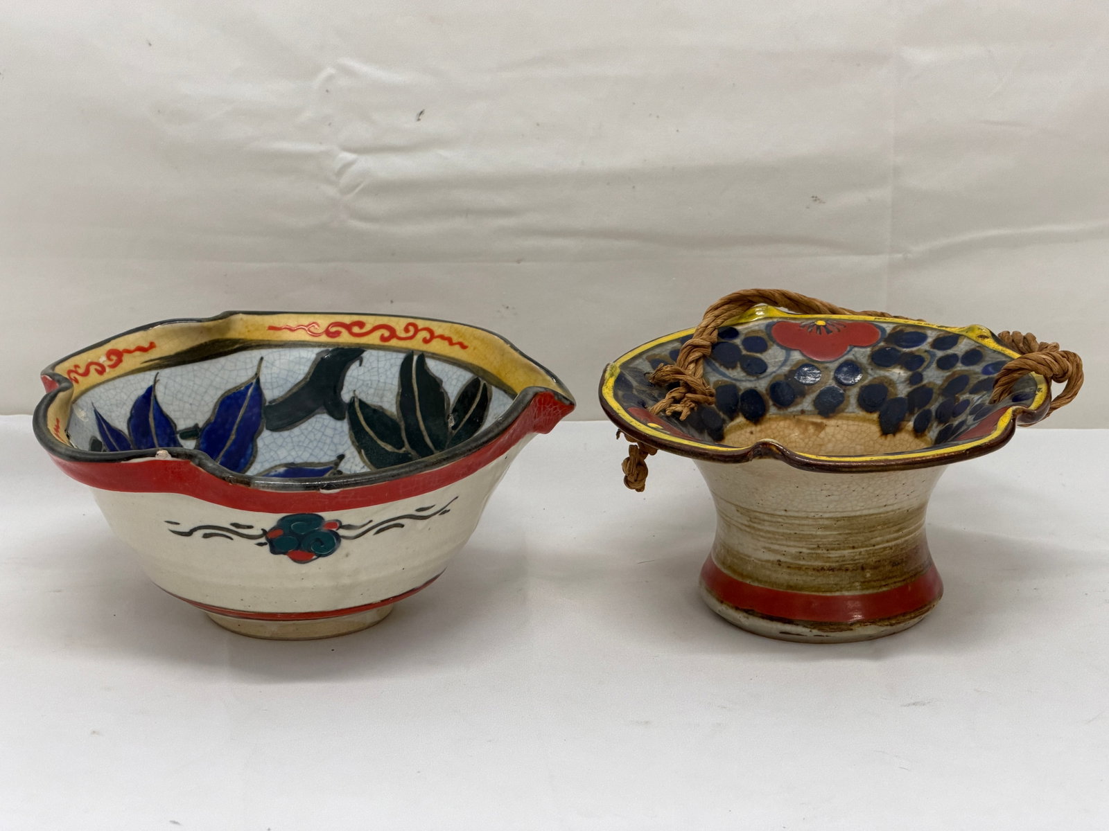 Japanese Awaji Hand Painted Pottery Bowls, Signed: Floral & Fruit Design - (1)7" x 3.5", (1)6" x 3.5"