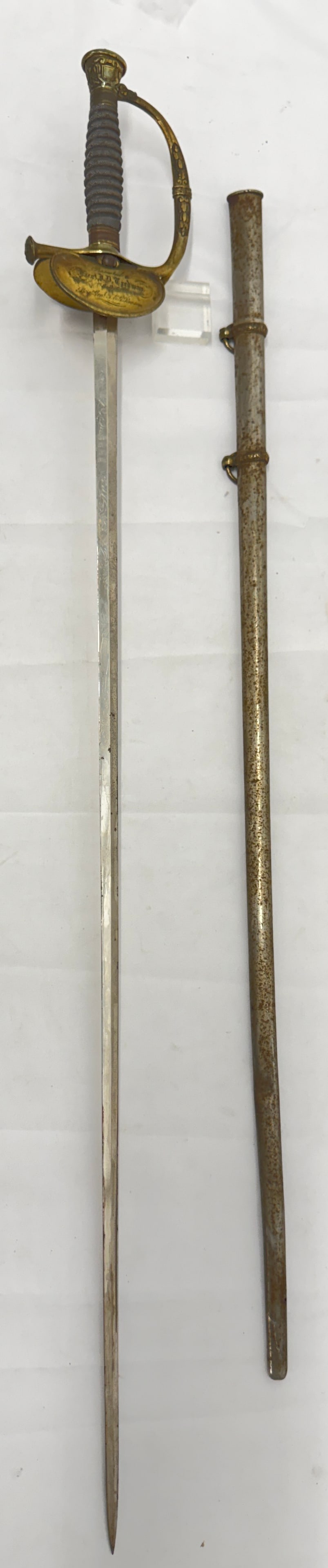 1860 Civil War Officers Sword Chatellerault Blade - Lieut. J.D. Tredway 23rd Wisconsin Regiment: Lieut. J.D. Tredway Sword of the 23rd Wisconsin Regiment - Presented by Gen. T.E.G. Ransom , Blade etched with Jules Creuze a Chatellerault , Floral Design, Schuyler Hartley & Graham New York - Smiths