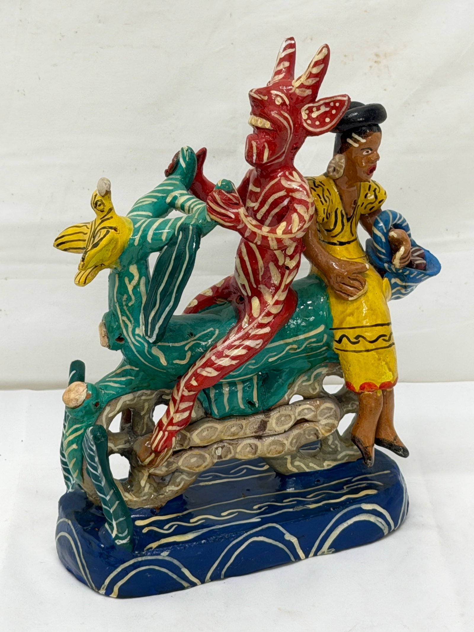Large Vintage Ocumicho Diablito Mexican Folk Art Sculpture 9" x 4" x 11": Vintage Clay Sculpture "Abduction" - Woman on Back of Motorcycle - 9" x 4" x 11"