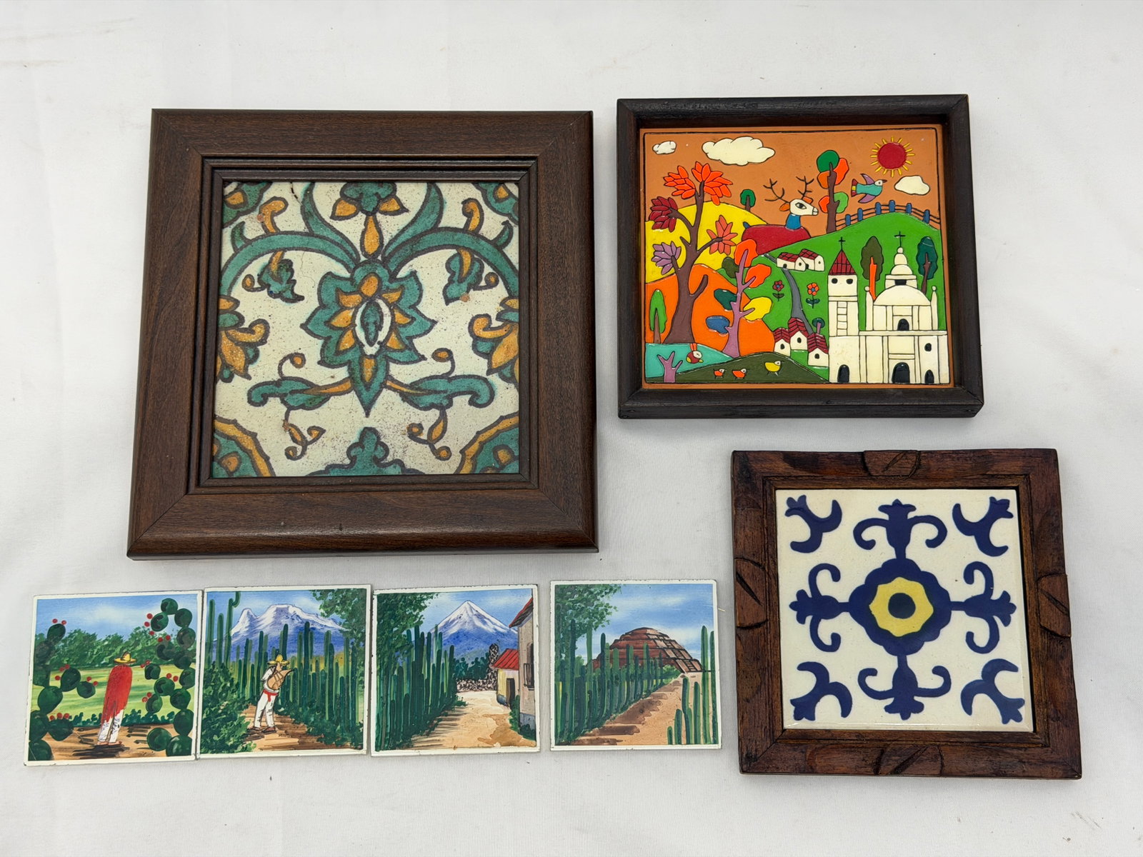 (7)Vintage Tiles - Folk Art, Mexican: La Palma, El Salvador 6" x 5.5" , (4)Mexico Weston's 3" x 3", Talavera Blue 4" x 4" , Tunisan / California 7" x 7"
