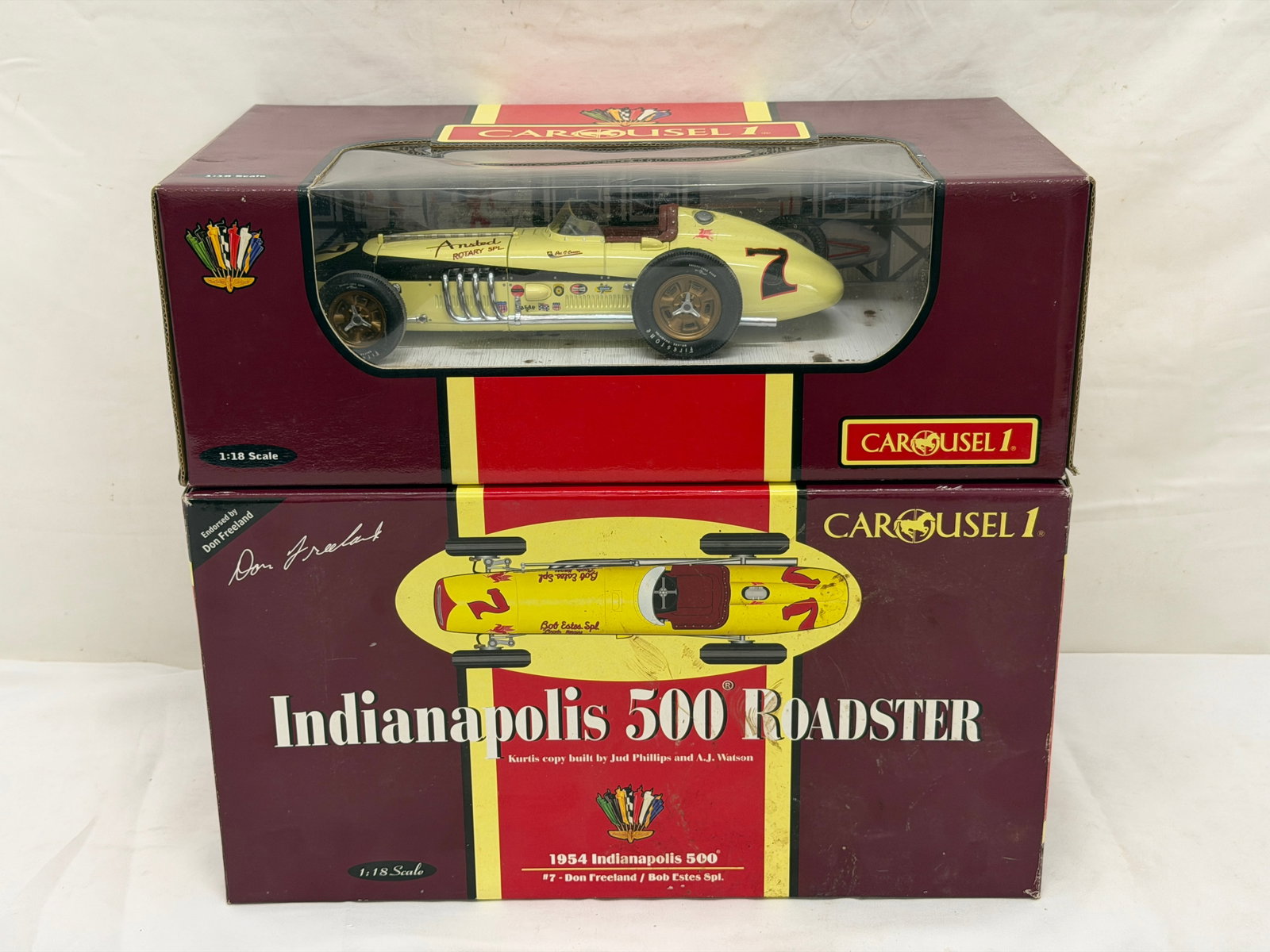 (2)Carousel 1 Roadster Models in Boxes - Kurtis Kraft Pat O'Connor + 500 Roadster: Indianapolis 500 Roadster #7 Don Freeland / Bob Estates + Indy 500 #7 Pat