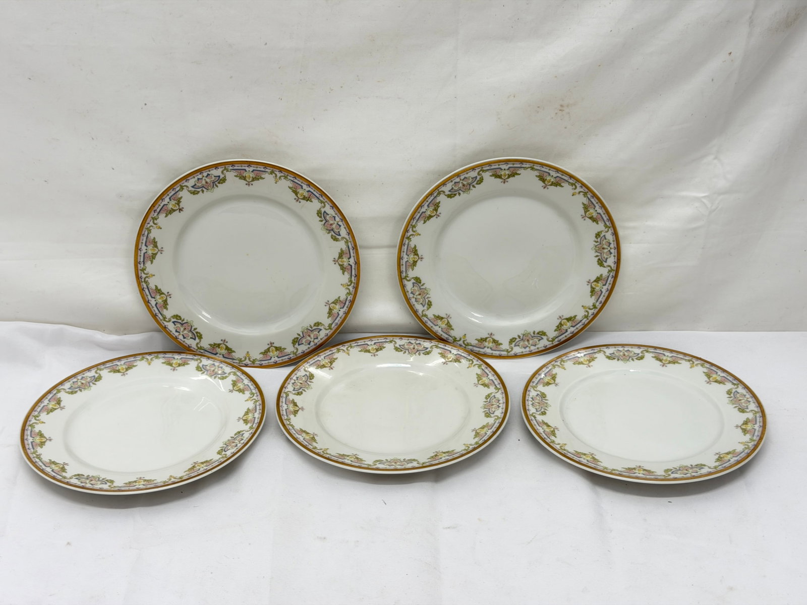 (5)Antique Wm. Guerin Limoges Salad Plates 7.25" - Pink / Green / Blue with Gold Colored Rims (1 of 4)