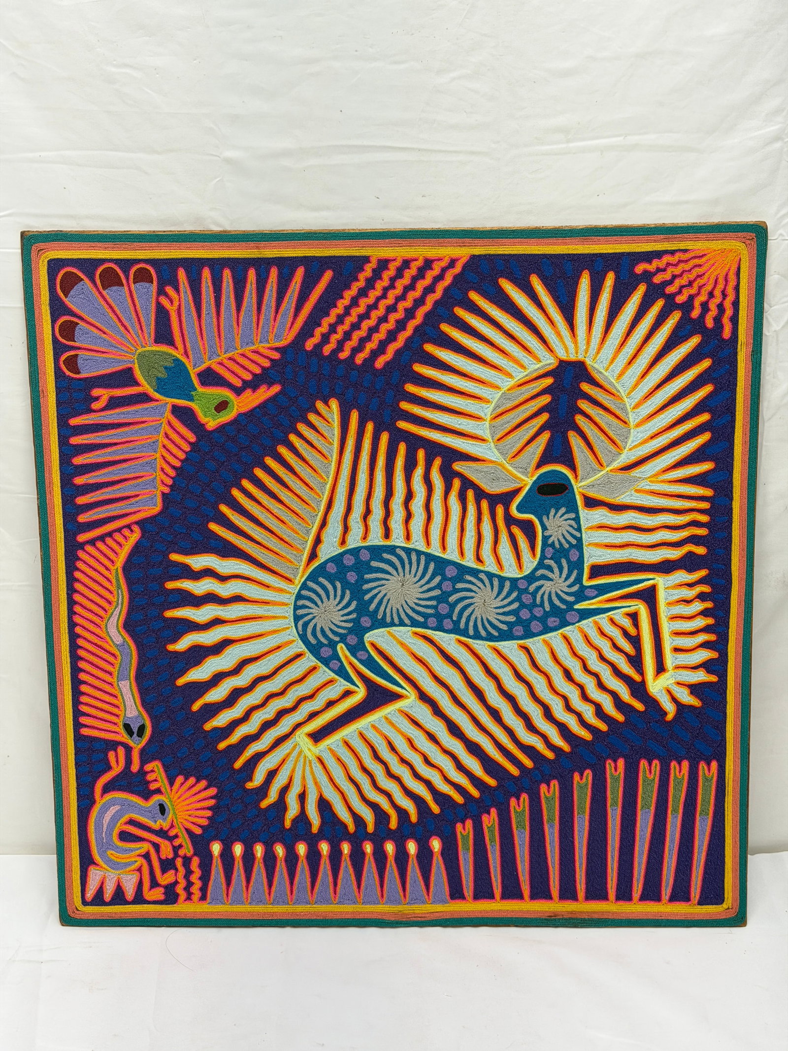Vintage Huichol Yarn Folk Art on Wood with Deer, Bird & Peyote Design - 23.75" x 23.75": Vintage Huichol Yarn Folk Art on Wood with Deer, Bird & Peyote Design - 23.75" x 23.75"