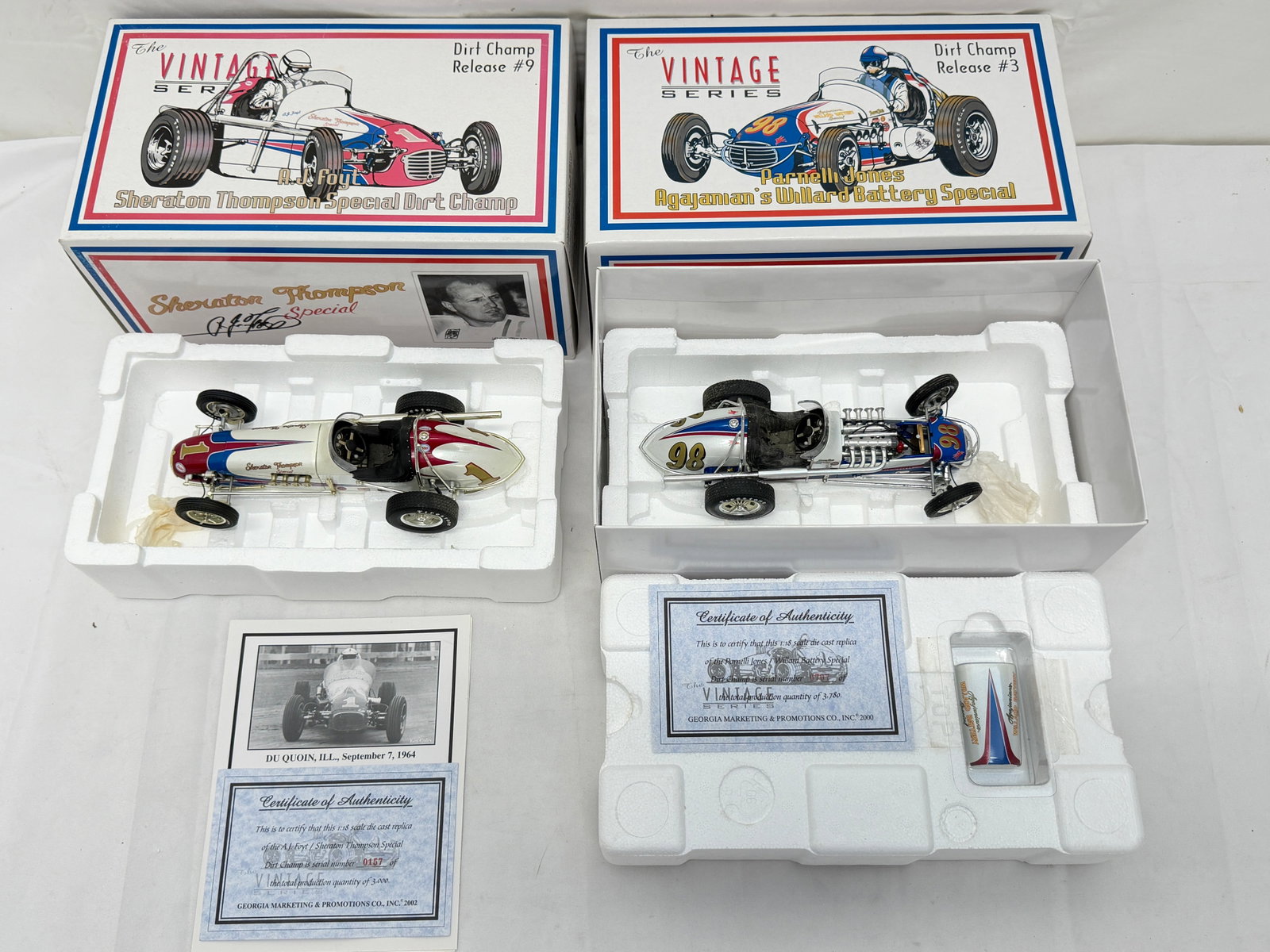 (2)GMP DieCast AJ Foyt Dirt Champ + Agajanian's Willard with COAs: Parnell Jones Agajanian's Willard Battery Special + AJ Foyt Sheraton Thompson Special Dirt Champ - Both have COAs & Boxes