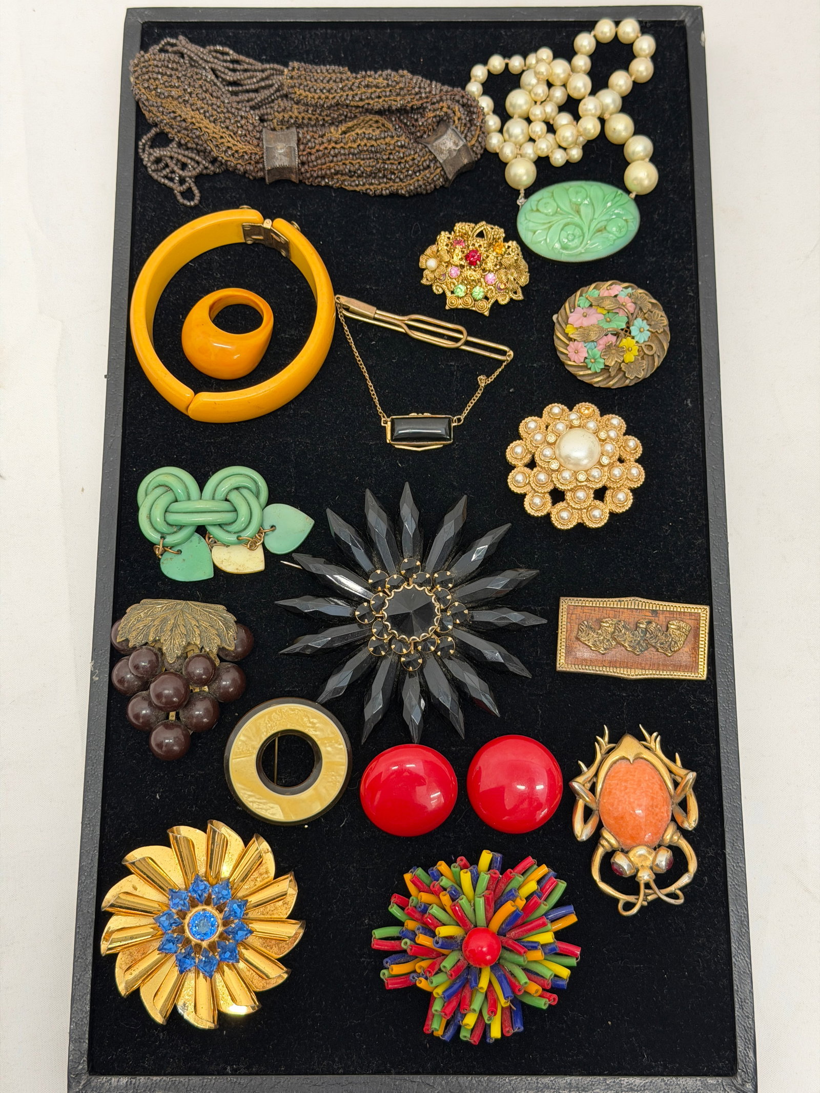 Vintage Jewelry - Sterling, Scrat Pins, Brooches, Earrings + More: Sterling Gold Tone Starburst Brooch / Pin with Blue Rhinestones, Black Starburst Pin, Bug Clip, Ring, Bracelet, Beaded Bag + More