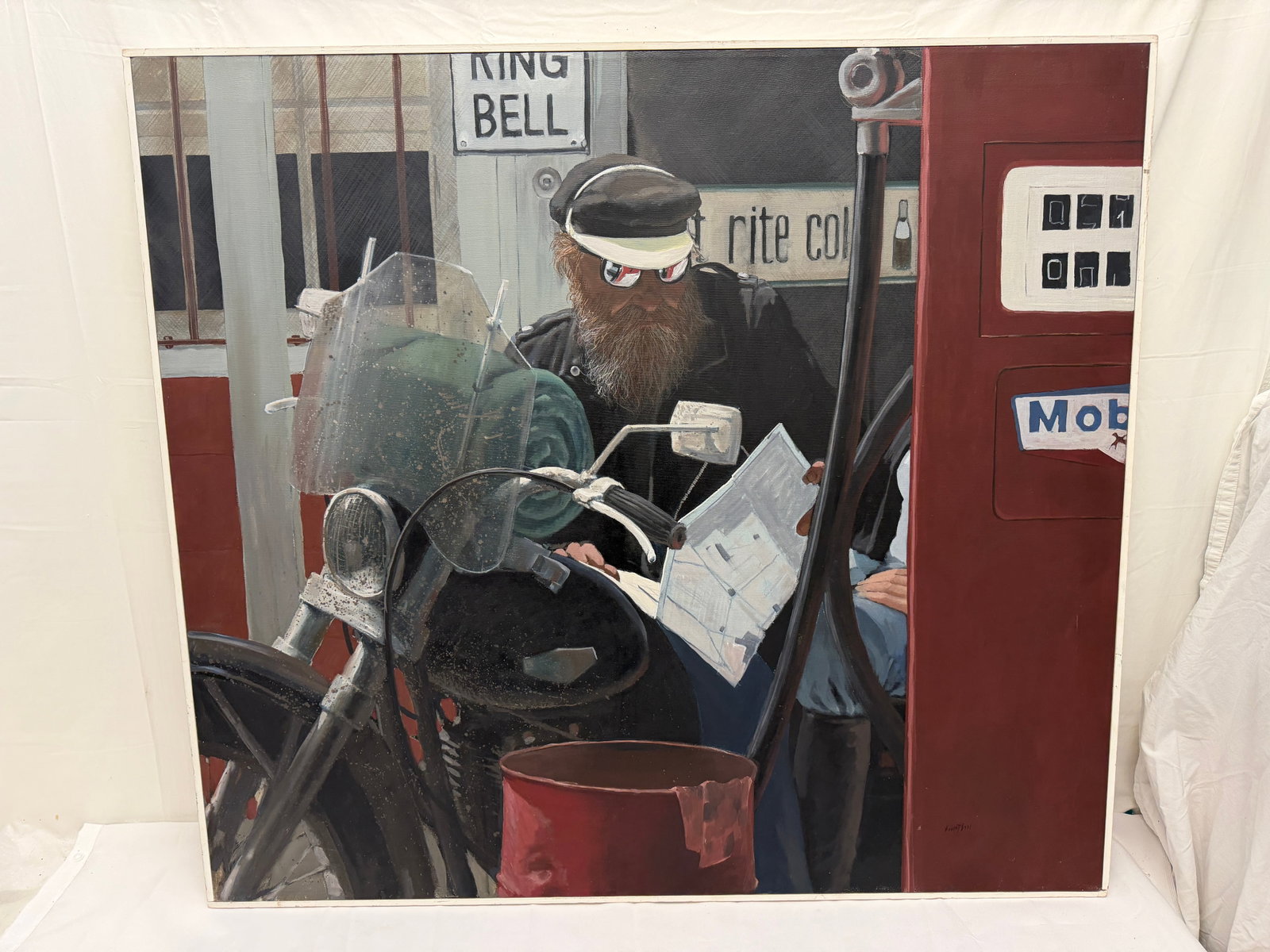 Rod Knutson Signed Original Oil of Biker - Framed 36.75" x 40.75" , Sight 35" x 40": Rod Knutson (American 20thC) Commissioned for Private & Public Collections Around The World - Vinyards in France & Napa, Restaurants in San Diego, Sonoma, San Jose - This is part of his biker collecti