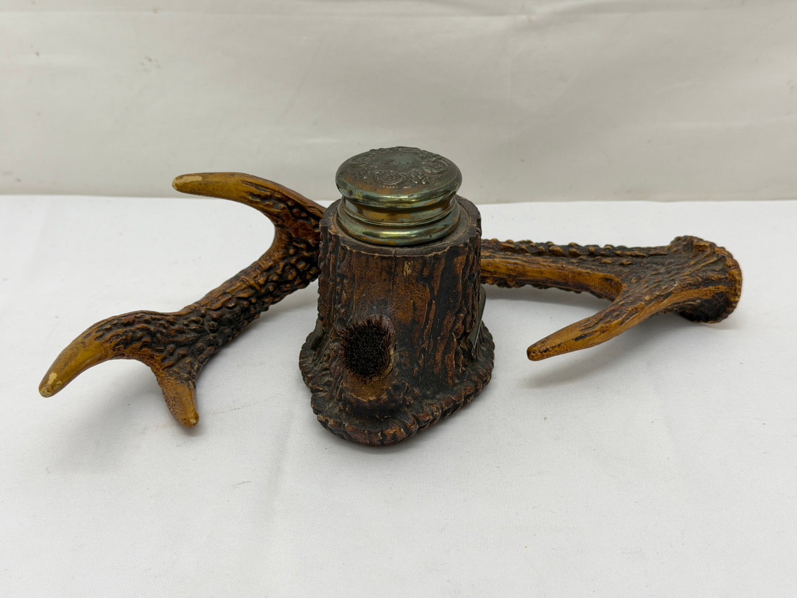 Victorian Era Antler Inkwell German Black Forest 9.5"L: Glass Inkwell, Brush, Pen Rest