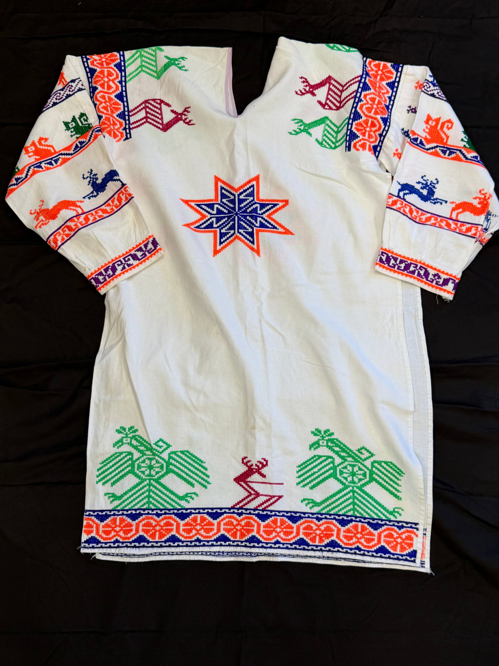 Vintage Traditional Huichol Embroidered Tunic / Shirt Kutuni: Cross Stitch Embroidery with Sacred Motif - Slip on with Slit Sides + Arm - One Size Fits Most - Shoulder Seam to Shoulder Seam 25" x 36"L