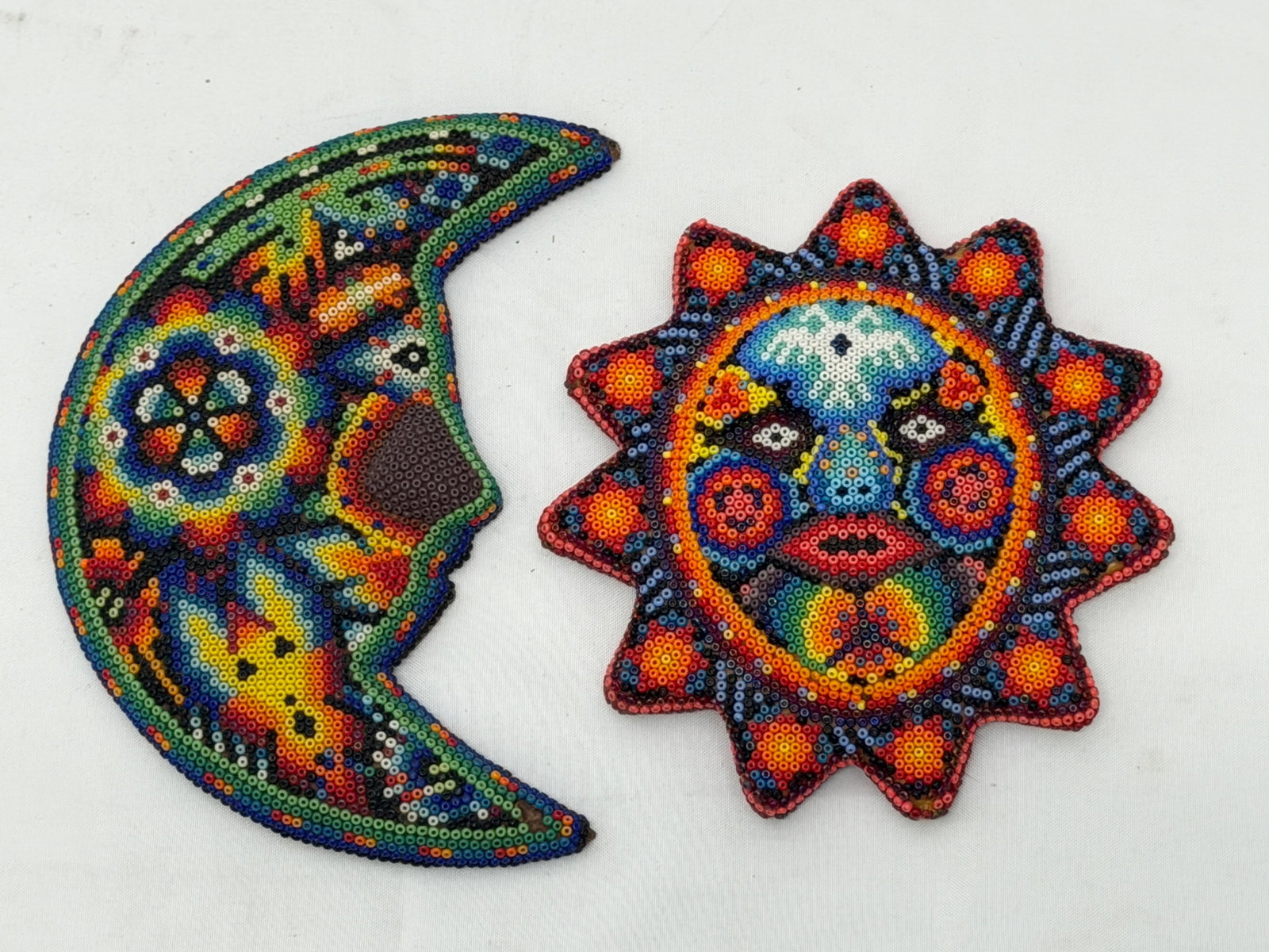 Vintage Huichol Beaded Folk Art on Wood Moon & Star: Ornate Detailed Beaded Mexican Huichol Folk Art by Wixarika - Sun Face 5.25"L , Moon Face 6.25" x 3.25"