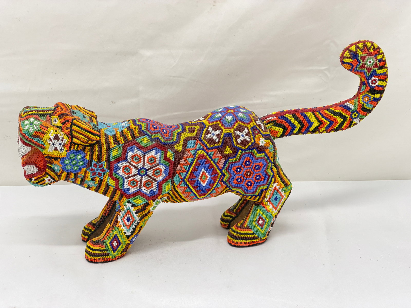 Vintage Huichol Beaded Jaguar Folk Art on Wood 15"L x 8"T (1 of 5)