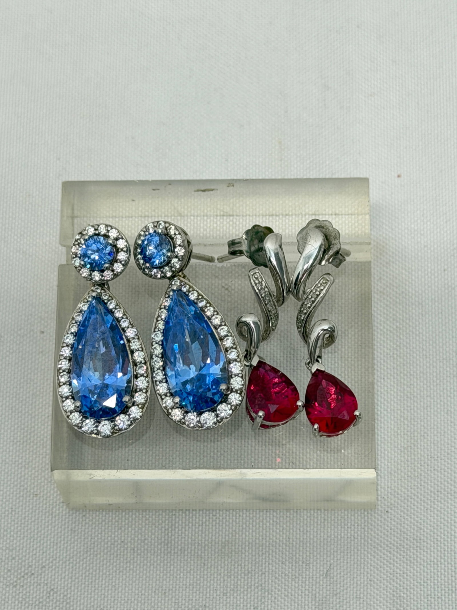 2pr Sterling Silver Dangle Pierced Earrings: Blue Tanzanite with Surrounding Tanzanite + Ruby with Tanzanite