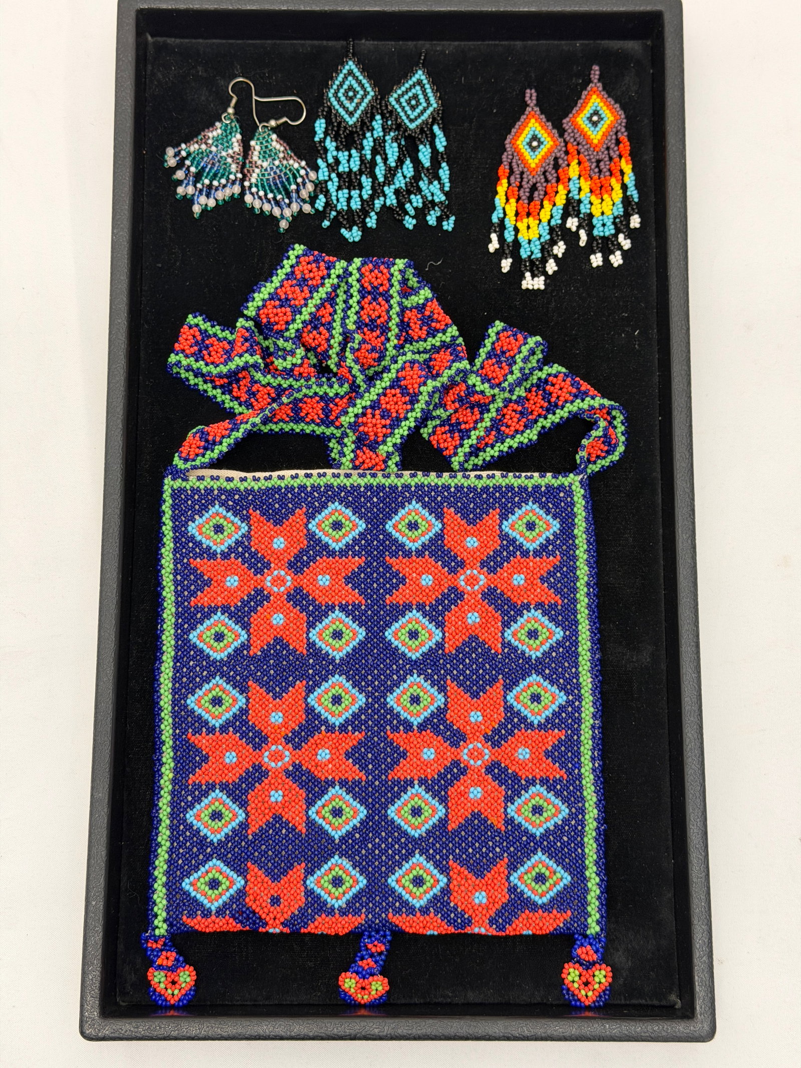 Vintage Huichol Tribal Beaded Morral Bag & Earrings: (1)Hand Beaded Glass Bead Morral Bag in Boho Style with Shoulder Strap + (3)Pairs Hand Crafted Earrings
