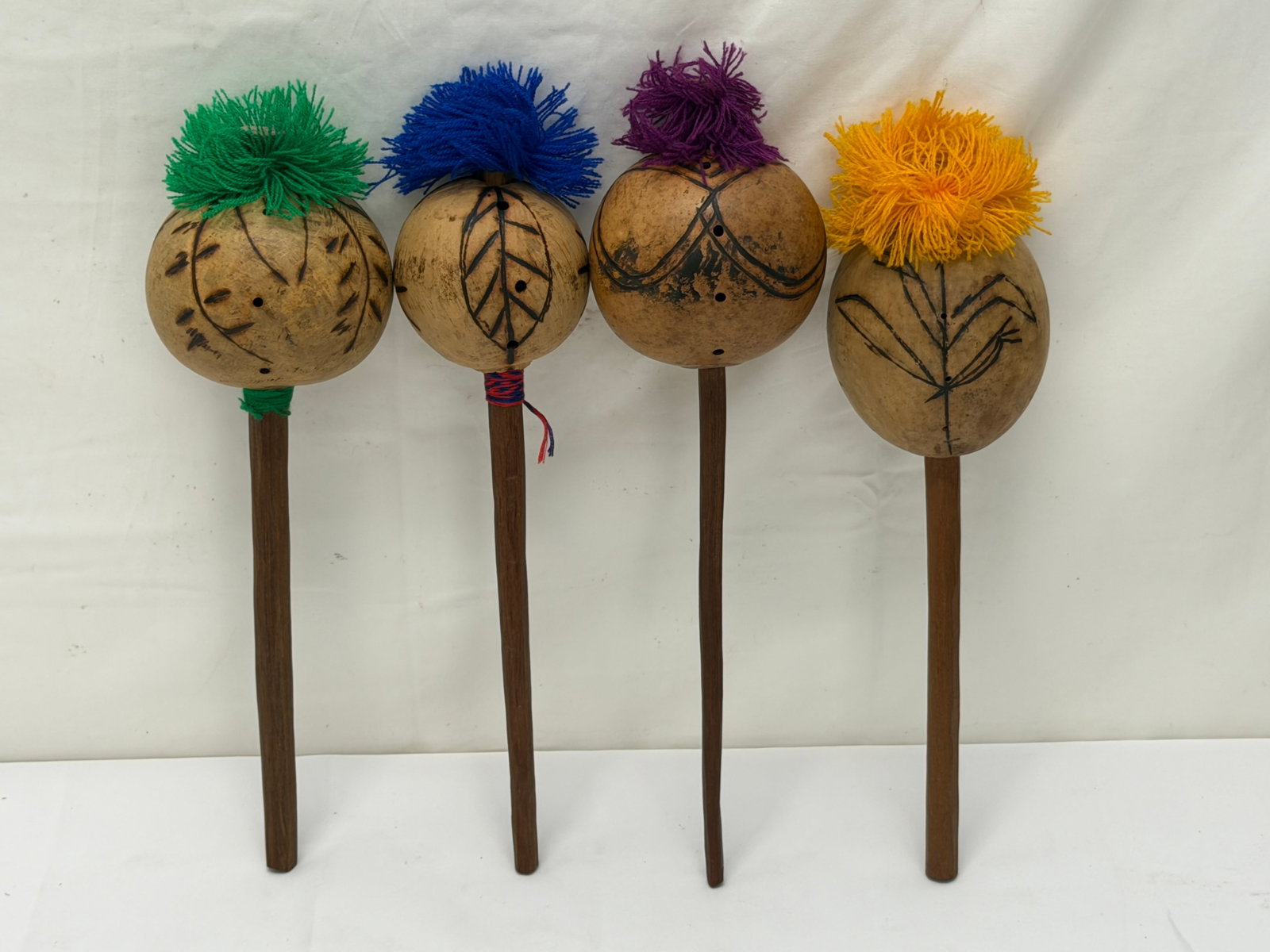 (4)Huichol Shaman Ceremonial Gourd Rattles 12"L to 13.5"L (1 of 5)