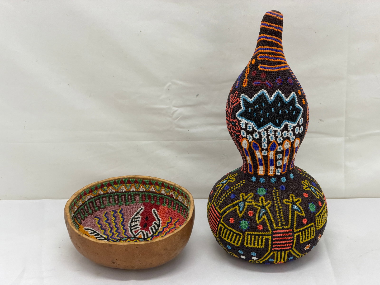 (2)Vintage Huichol Beaded Gourd Art - Bule or Guaje Art + Guard Bowl with Peyote Cactus Design: Bule / Guaje 12" T with Beaded Spiritual Symbols + Guard Bowl with Beaded Spiritual Symbols 6" x 2"
