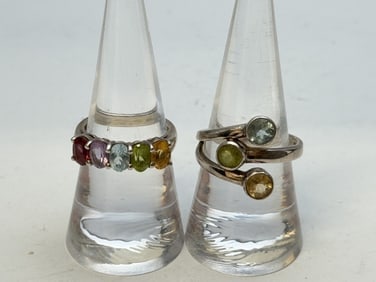 (2)Sterling Silver Gemstone Rings - Sz 9 & 7: (1)Sterling Citrine, Blue Topaz & Peridot Ring Sz 9 , (1)Sterling Amethyst, Blue Topaz, Peridot & More Ring Sz 7