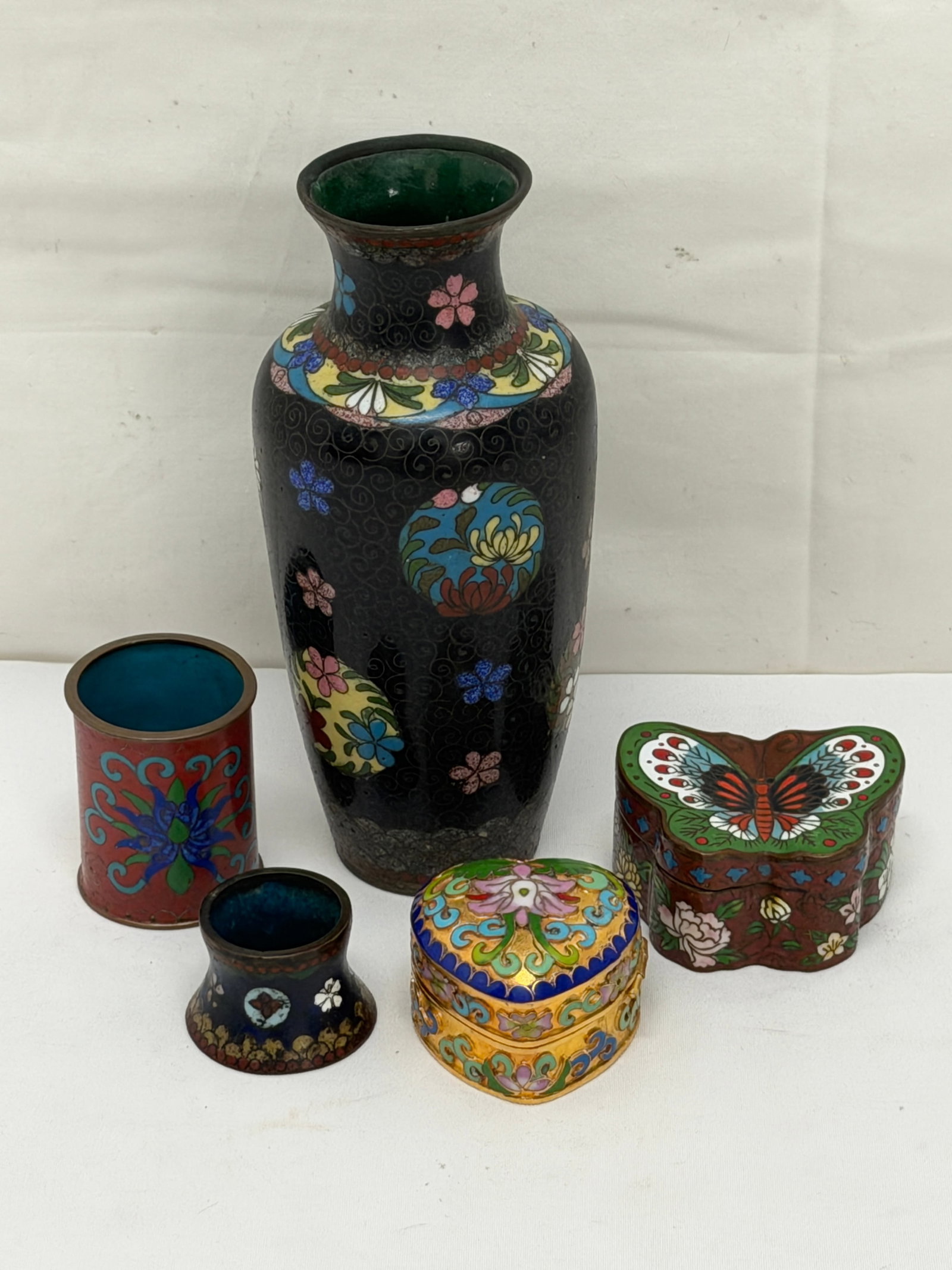 Asst Chinese Cloisonne - Vase, Butterfly, Trinket, Candle Holder + More - Various Sizes & Shapes: Asst Chinese Cloisonne - Vase, Butterfly, Trinket, Candle Holder + More - Various Sizes & Shapes
