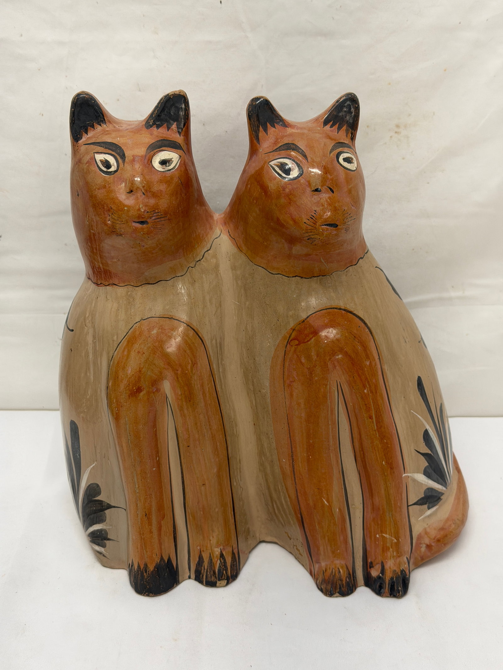 Vintage Tonala Mexican Folk Art Conjoined Cats Sculpture 10" x 5" x 11" (1 of 4)