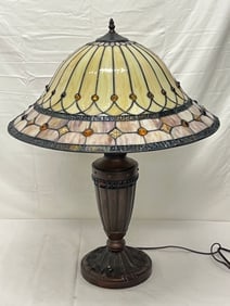 Stained Glass Lamp with Nouveau style Base with Amber Colored Inlay: Stained Glass Lamp with Nouveau style Base with Amber Colored Inlay - Shade 22'' x 15'' from fenial, Overall 28''T - Shade can also be used as Chandelier