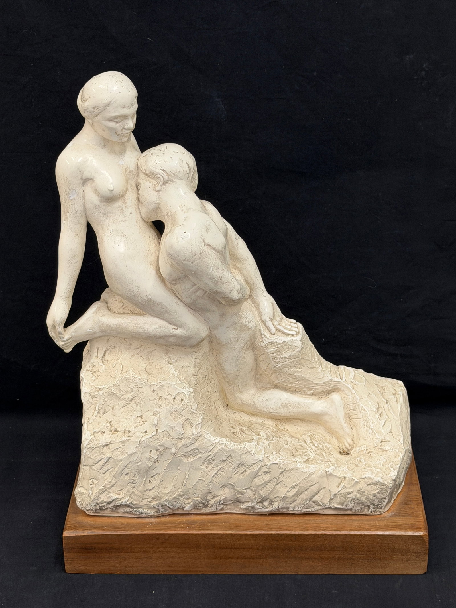 After Auguste Rodin Plaster Sculpture "Eternal Idol": 1961 Alva Museum , On Wooden Base 8.75" x 12.5" x 2" , Sculpture 12" x 8" x 14.5"