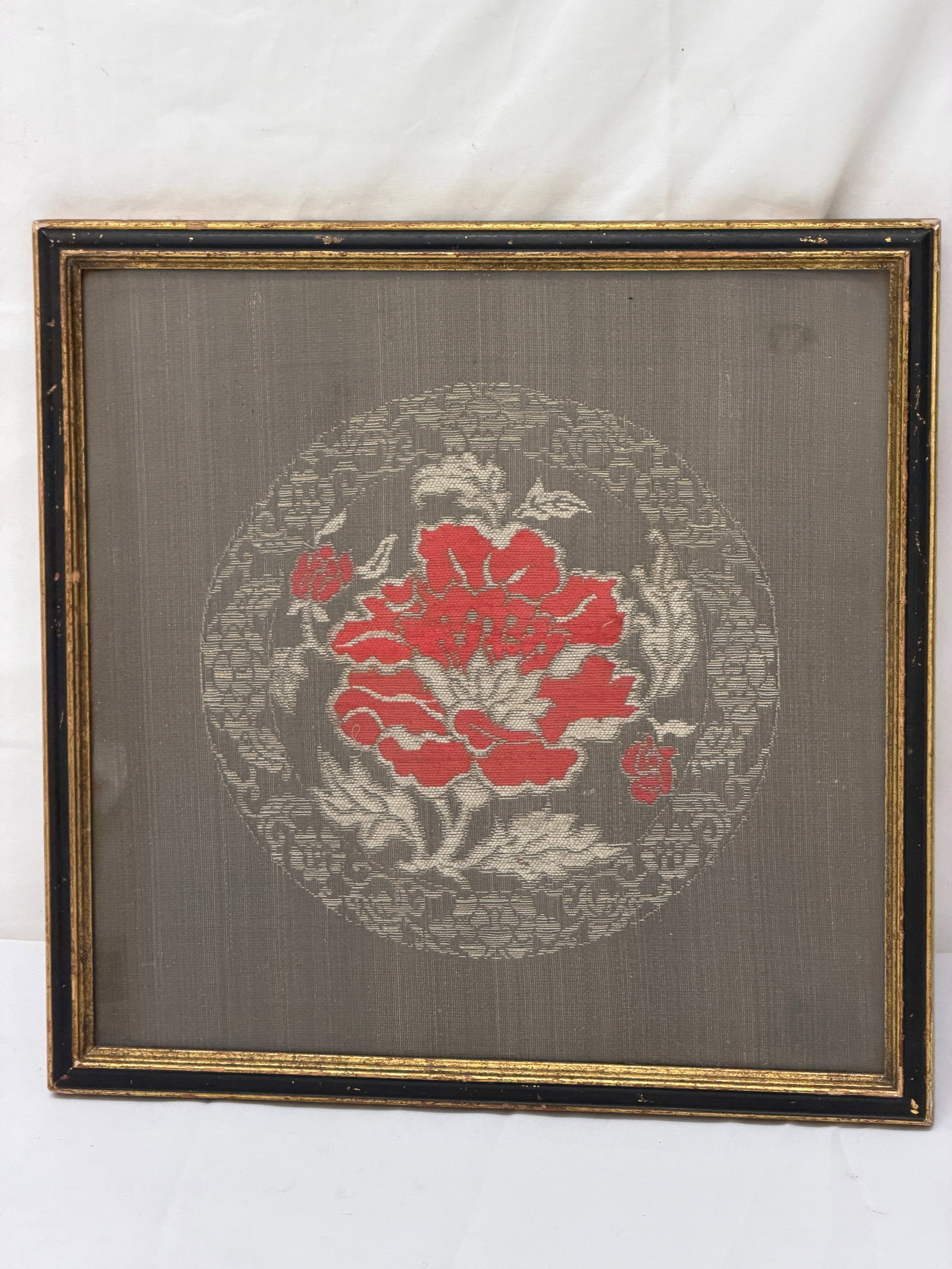 Antique Chinese Silk Peony Embroidered Textile - Framed 13" x 13" (1 of 2)