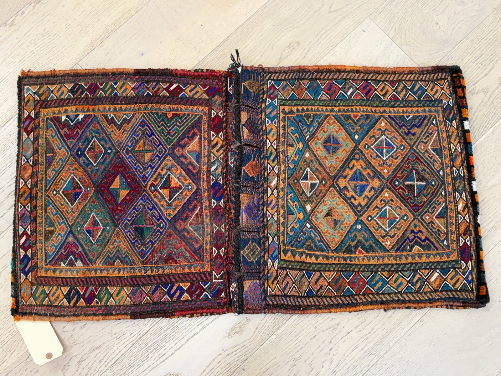 Antique Kurdish Khorjin Saddle Bag 22.5" x 40": Double Saddle Bag with Soumak / Kilim Flat Weave
