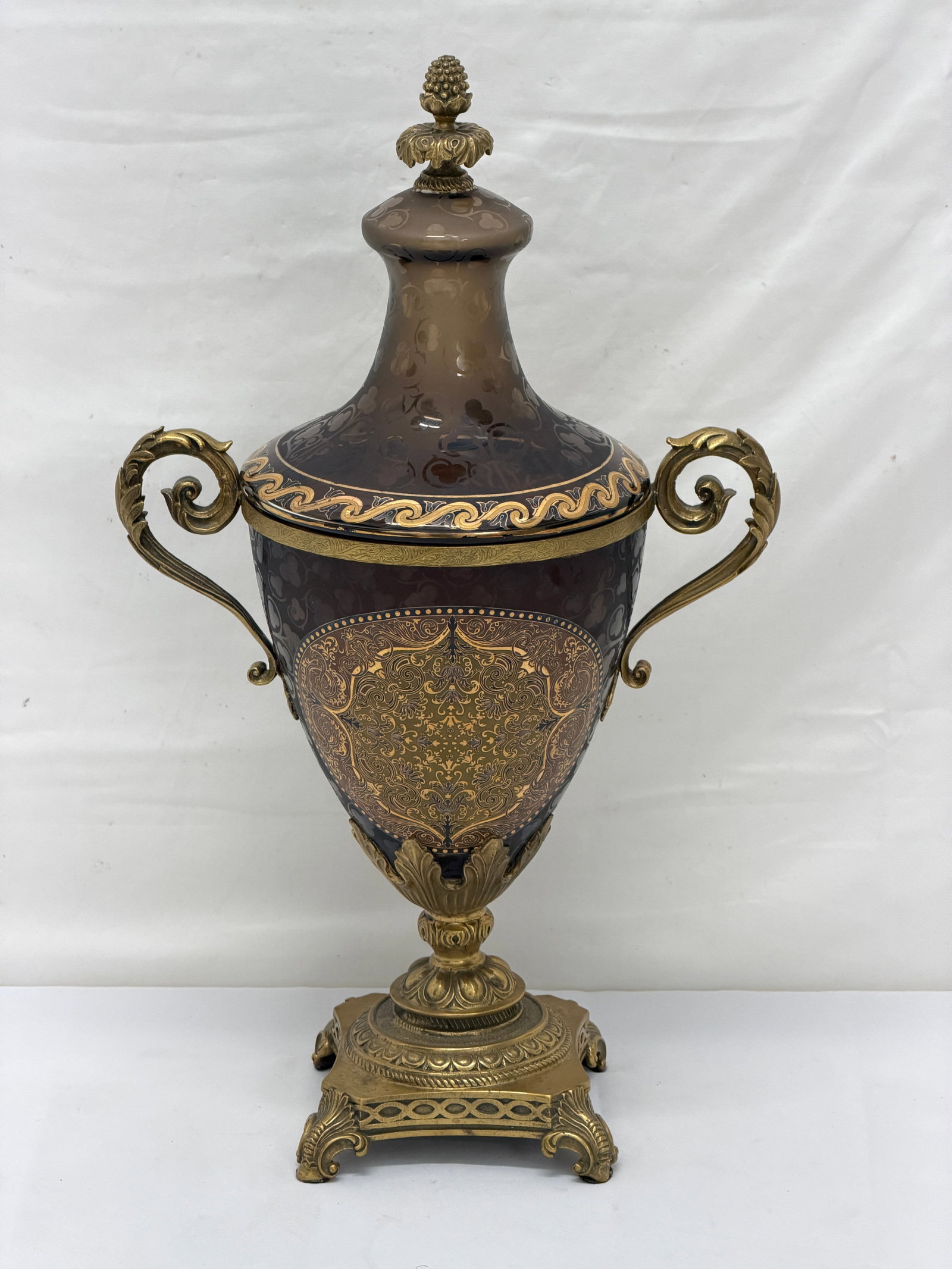 Amber Glass Lidded Urn Vase with Handles 11" x 18" (1 of 8)