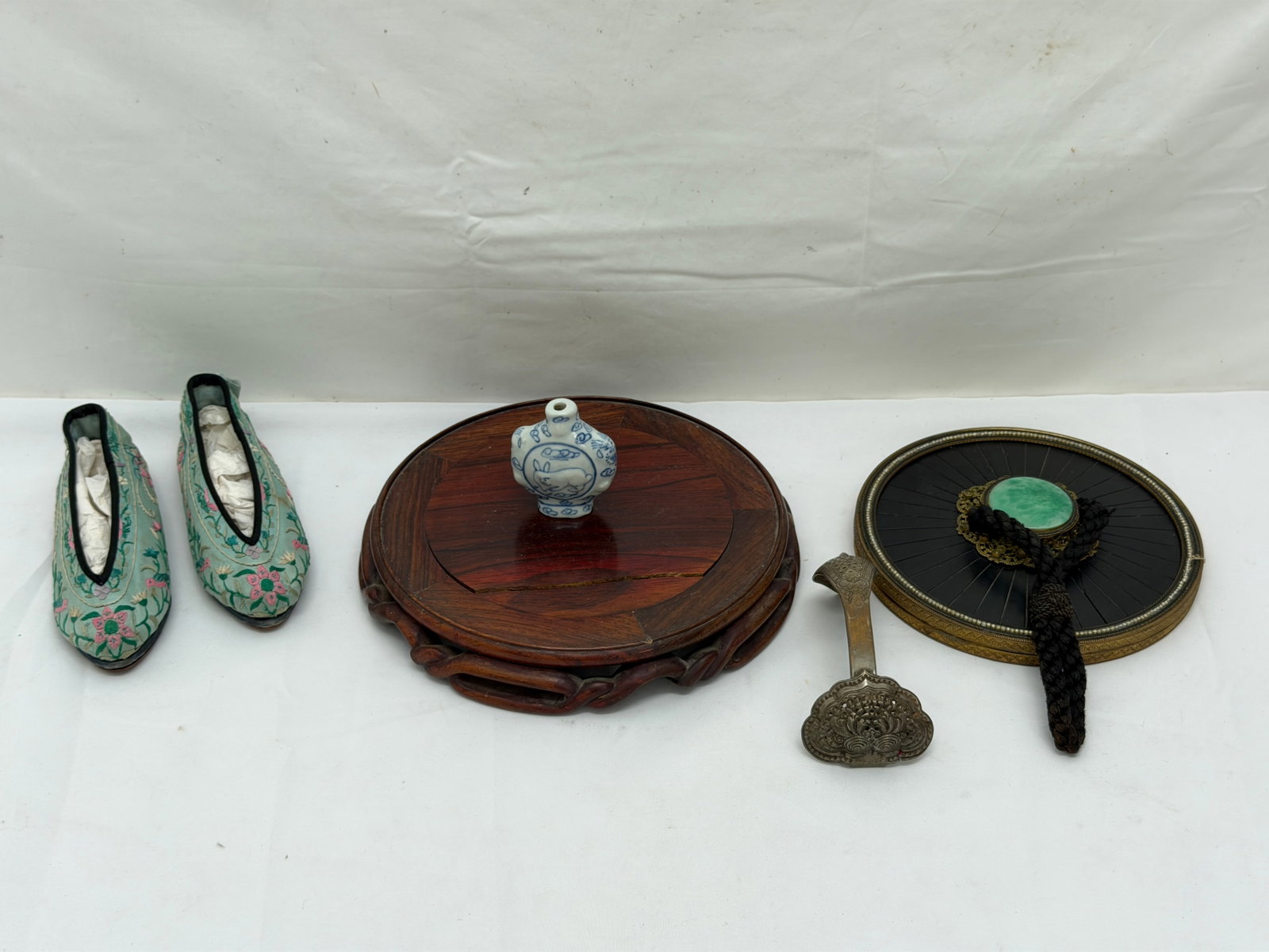 Antique Chinese Hand Mirror, Ruyi Sceptor with Face, Slippers, Snuff Bottle (1 of 12)
