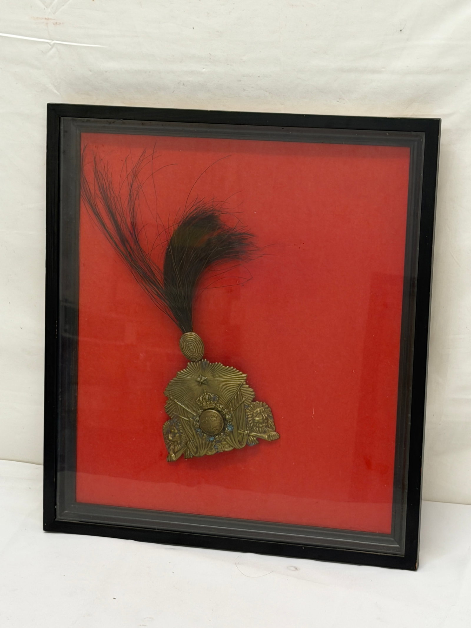 Antique Swedish Military Helmet / Cap Shako Plate with Horsehair: Royal Order of the Seraphim - In Shadow Box Frame 15" x 16.75"