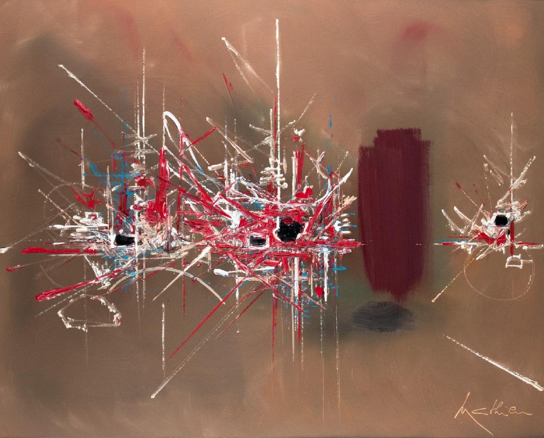 Mathieu, Georges: Ambroisie: Georges Mathieu, 1921 Boulogne-sur-Mer - 2012 Paris Ambroisie Oil on canvas; H 73 cm, W 92 cm; signed lower right ''Mathieu''; verso inscribed ''Ambroisie''; Provenance: Kunsthaus Fischinger Stuttgart