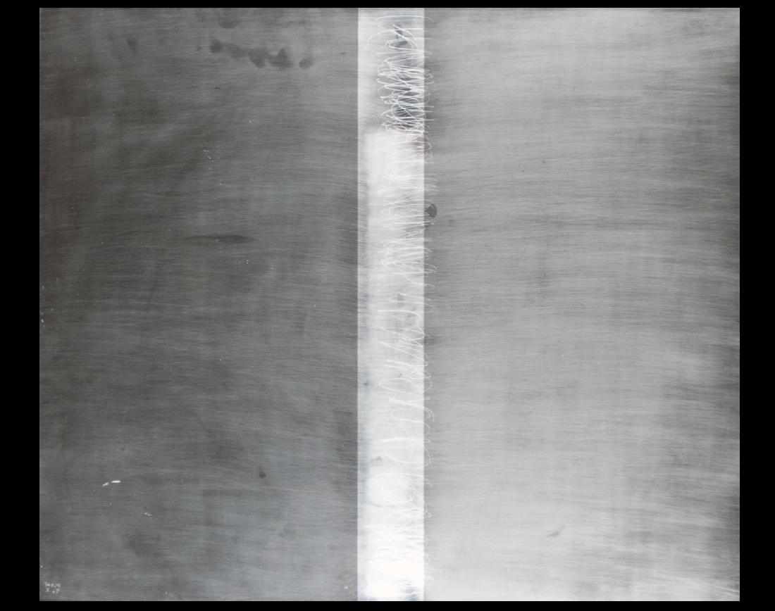 ALBOR, GUS: Gus Albor 1948 Fixation 89 Acrylic with scratches, metal foil and fabric tape over wooden box; H 62 cm, W 80 cm, D 5 cm; signed and dated ''Albor 79''; verso inscribed ''Fixation 89''