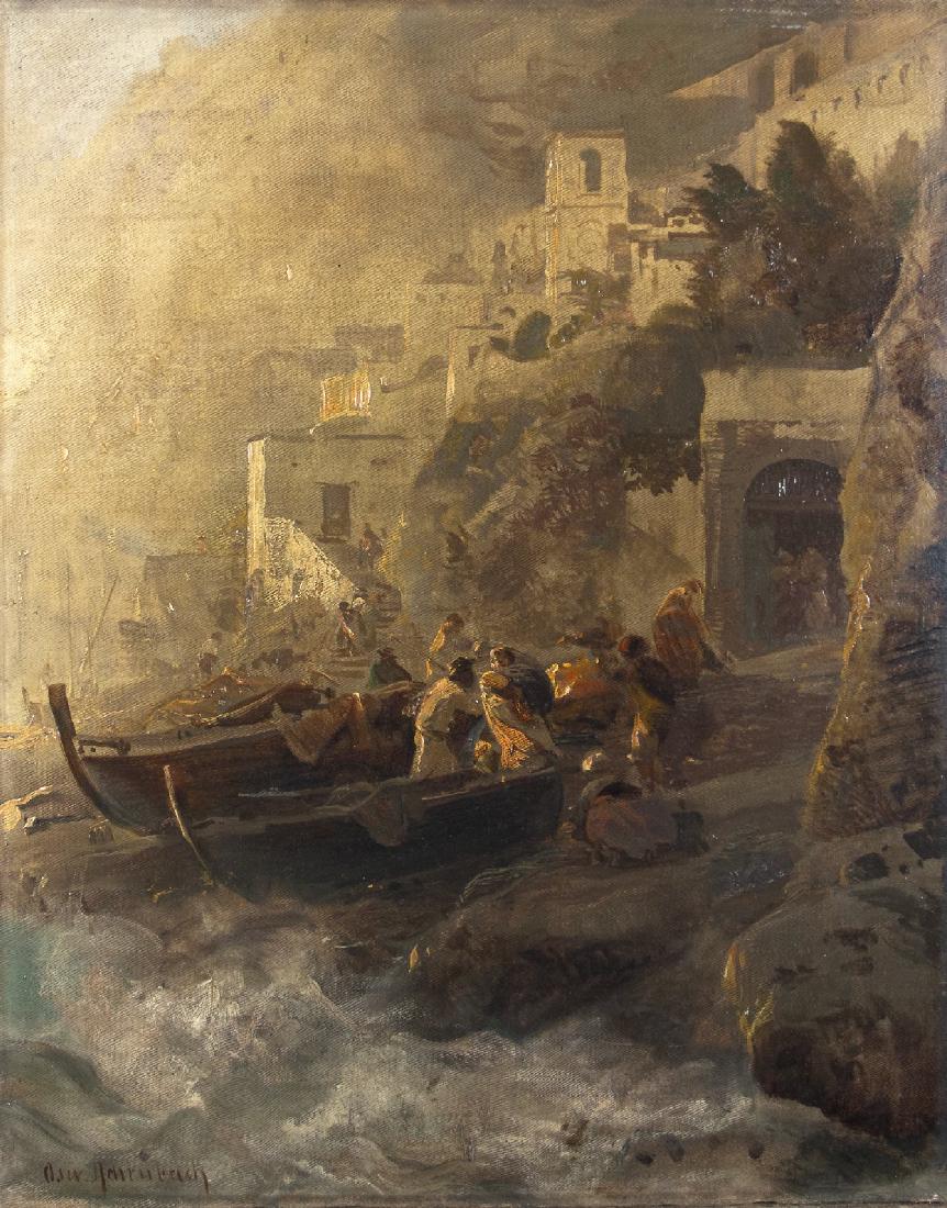 ACHENBACH, OSWALD: Oswald Achenbach Duesseldorf 1827 - 1905 Fishermen on the Amalfi Coast Oil on canvas; H 41.5 cm, W 33.5 cm; signed lower left ''Osw. Achenbach''