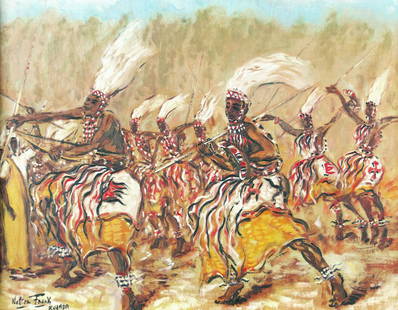 Frank, Walter: Stammestaenze der Intore: Walter Frank 1926 Antigua - 2000 Tribal dance of the Intore Oil on canvas laid on Isorel, Rwanda around 1950; H 30 cm, W 40 cm; signed and titled ''Walter Frank Ruanda''