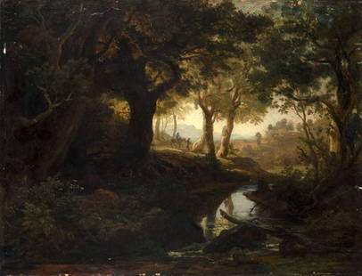 Schirmer, Johann Wilhelm zugeschr.: Waldlandschaft mit: Johann Wilhelm Schirmer attributed 1807 - 1863 Forest landscape with travelers Oil on wood; H 36 cm, W 47 cm