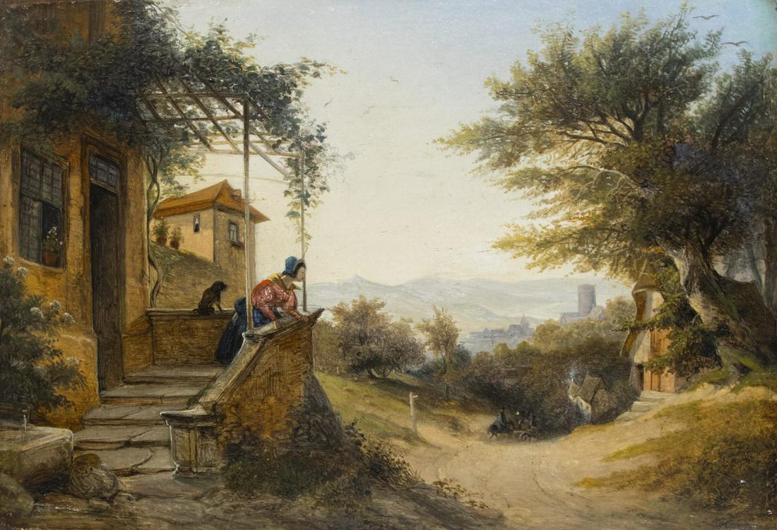 Scheuren, Caspar Johann Nepomuk: Vor dem Haus: Caspar Johann Nepomuk Scheuren 1810 Aachen - 1887 Duesseldorf In front of the house Oil on wood; H 24 cm, W 35 cm; signed lower right ''C. Scheuren''; verso old adhesive label ''Kunstpalast Duesseldor