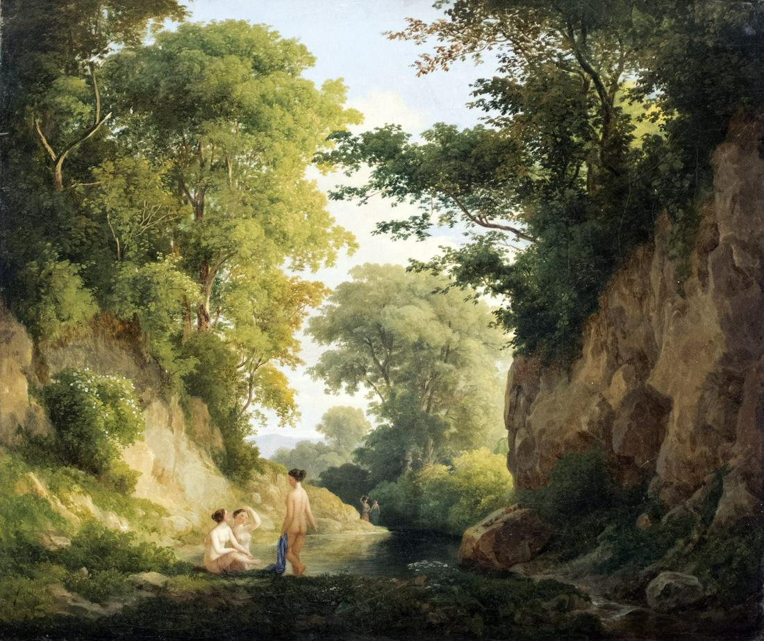 Marko I, Karoly: Romantisacher Bachlauf mit Nymphen: Karoly Marko I 1793 Leutschau - 1860 Villa Appeggi/Antella Romantic stream with nymphs Oil on canvas, relined; H 27 cm, W 32 cm; signed lower right ''C. Marco''