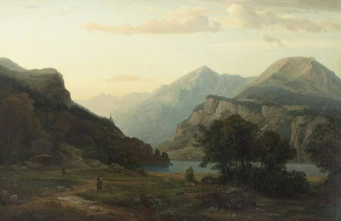 Schirmer, Johann Wilhelm zugeschr.: Abendstimmung ueber: Attributed to Johann Wilhelm Schirmer Evening mood over the mountains Oil on canvas, relined; H 62 cm, W 94 cm; inscribed lower right ''J. W. Schirmer''