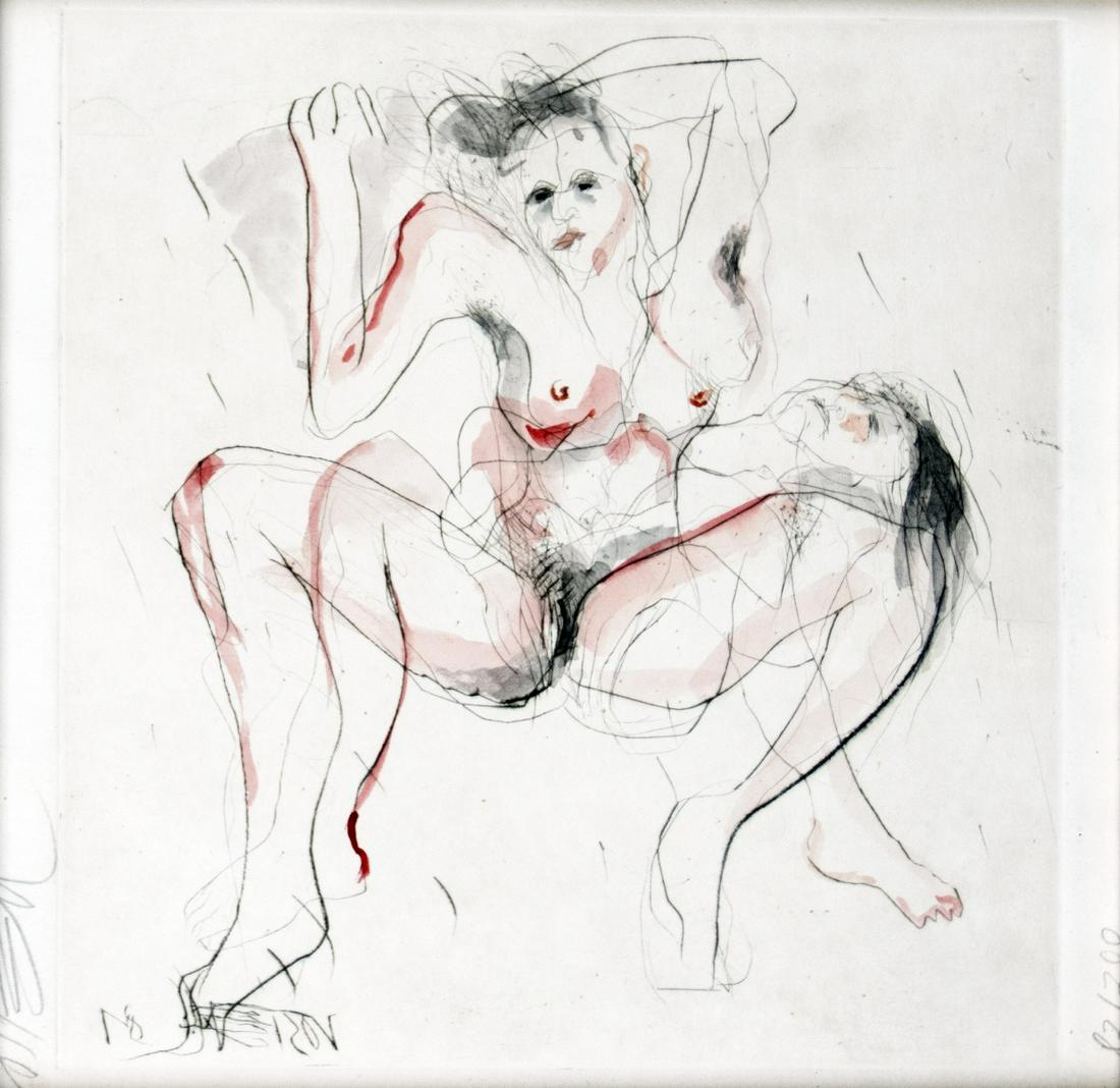 Vostell, Wolf: Akt: Wolf Vostell 1932 Leverkusen - 1998 Berlin Nude Etching with watercolors on paper; H 175 mm, W 170 mm; signed lower left ''Vostell''; numbered lower right ''82/200''