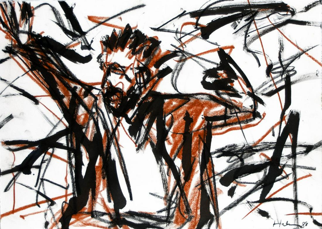 Hahn, Friedemann: Maler im Sturm: Friedemann Hahn 1949 Singen am Hohentwiel Painter in the Storm Mixed media with indian ink and colored chalk on paper; H 410 mm, W 580 mm; signed and dated lower right ''Hahn 88''