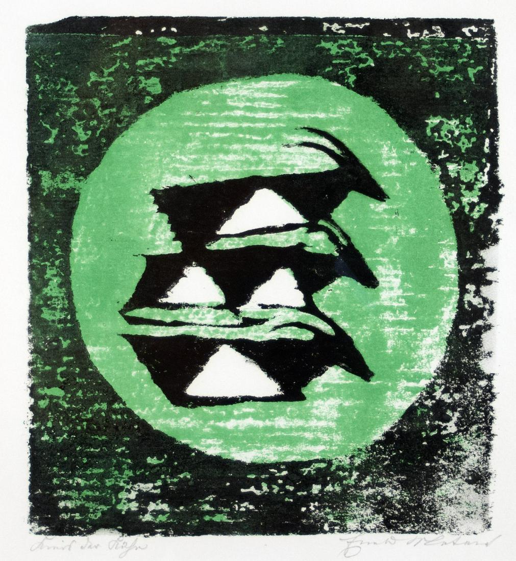 Matare, Ewald: Kreis der Kuehe/Drei uebereinander: Ewald Matare 1887 Aachen - 1965 Buederich Kreis der Kuehe/Drei uebereinander liegende Kuehe Color woodcut on paper; H 232 mm, W 212 mm; signed lower right ''Ewald Matare''; titled lower left ''Kreis d