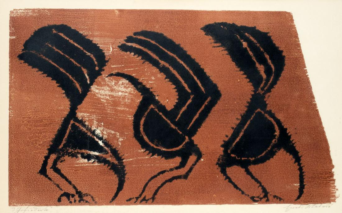 Matare, Ewald: 3 Gefiederte: Ewald Matare 1887 Aachen - 1965 Buederich 3 Gefiederte Color woodcut on Schoellershammer laid paper, 1963; H 385 mm, W 605 mm; signed lower right ''Ewald Matare''; inscribed and numbered lower left ''