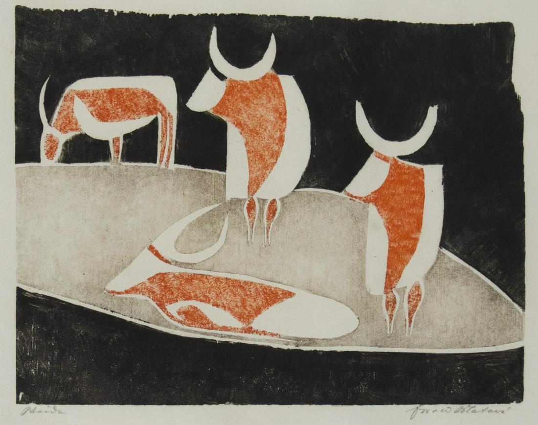 Matare, Ewald: Weide: Ewald Matare 1887 Aachen - 1965 Buederich Weide Color woodcut on paper, 1928; H 200 mm, W 265 mm; signed lower right ''Ewald Matare''; titled lower left ''Weide''; edition of 125; from ''Die Schaffend