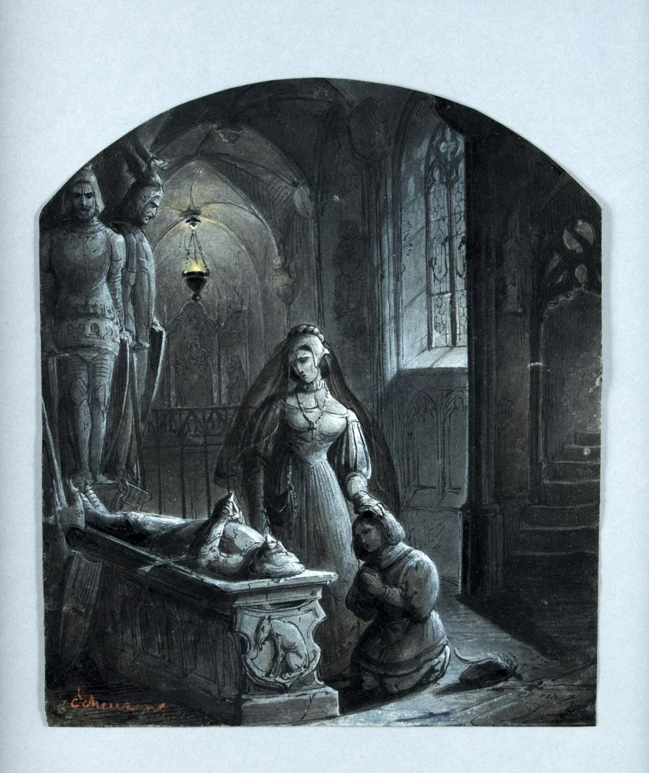 Scheuren, Caspar Johann Nepomuk: Nachts in der Kapelle: Caspar Johann Nepomuk Scheuren 1810 Aachen - 1887 Duesseldorf At night in the chapel Gouache and indian ink on thin cardboard; H 224 mm, W 193 mm; signed lower left ''Scheuren''