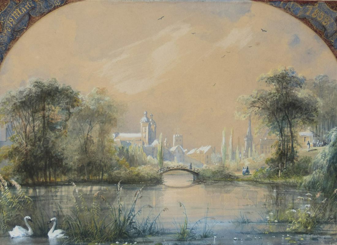 Scheuren, Caspar Johann Nepomuk: Blick auf den: Caspar Johann Nepomuk Scheuren 1810 Aachen - 1887 Duesseldorf Gouache and watercolor on paper, H 153 mm, W 213 mm; signed lower right ''C Scheuren''; dated above ''19. Maerz 1838''; Provenance: former