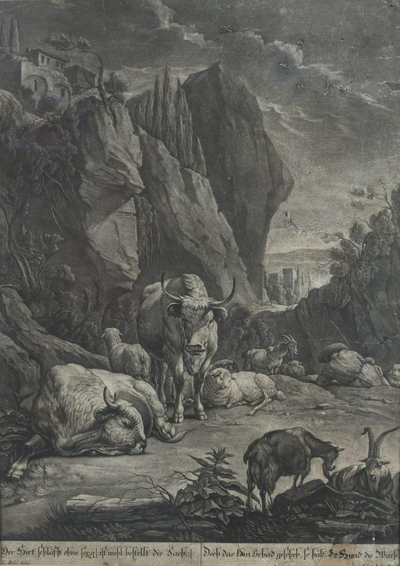 Roos, Johann Heinrich: Der Hirt schlaeft ohne Sorg: Johann Heinrich Roos 1631 - 1685 The shepherd sleeps carefree Etching on paper; 452 x 335 mm (mount dimension); dam.