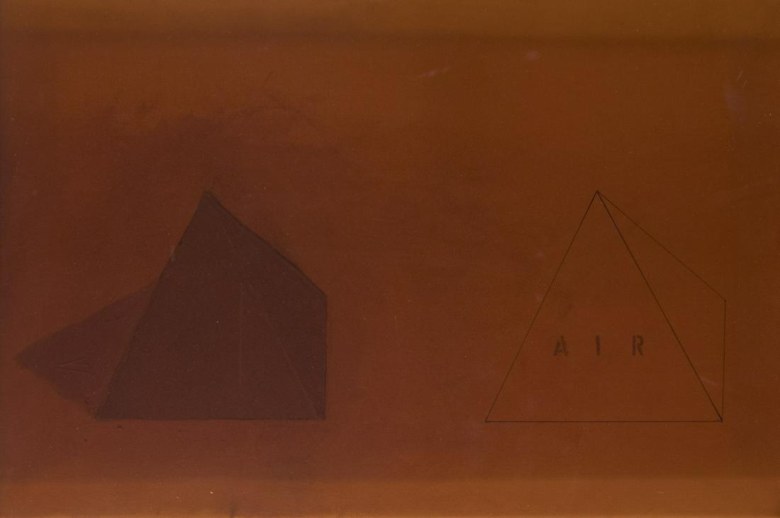 Swan, Douglas: Air Pyramid: Douglas Swan 1930 Connecticut - 2000 Bonn Air pyramid Oil and collage on canvas under acrylic glass, inscribed on the inside; H 41 cm, W 61 cm, D 5 cm; verso signed, dated and inscribed ''Douglas Swan