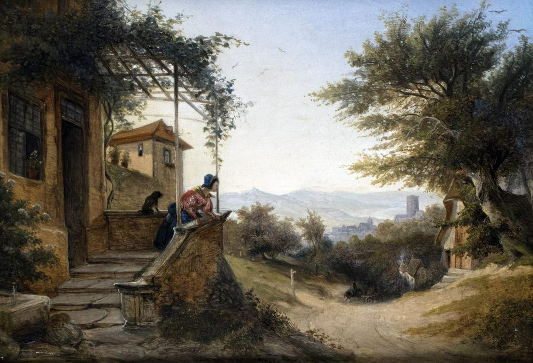Scheuren, Caspar: Er geht auf Reisen: Caspar Johann Nepomuk Scheuren 1810 Aachen - 1887 Duesseldorf He's going on a journey Oil on wood; H 23.5 cm, W 34 cm; signed lower right ''C. Scheuren''